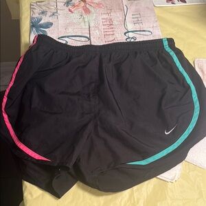 Nike Women's Black Running Shorts with Pink and Green Accents